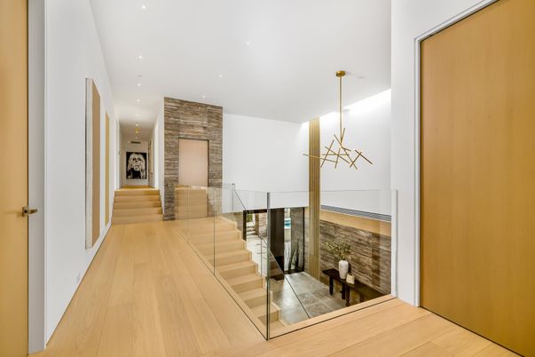 Interior, Pendant Lights, Recessed Lighting, Stone Walls, Wood Texture Flooring