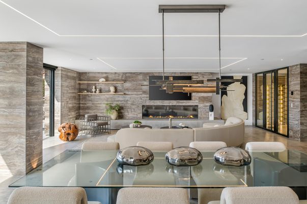 Dining room, Fireplace, Interior, Living room, Pendant Lights, Stone Walls, Wood Texture Flooring