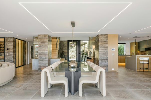 Dining room, Interior, Kitchen, Pendant Lights, Recessed Lighting, Stone Walls