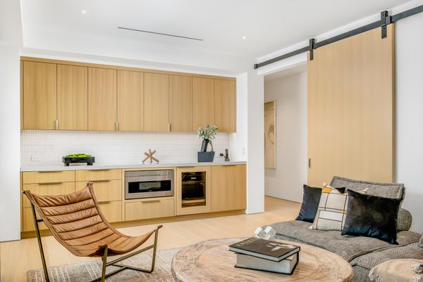 Interior, Kitchen, Living room, Recessed Lighting, Stainless Steel Appliances, Wood Texture Flooring