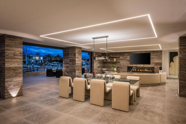 Dining room, Fireplace, Interior, Living room, Pendant Lights, Recessed Lighting, Stone Walls