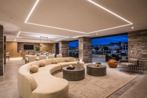 Dining room, Interior, Living room, Pendant Lights, Recessed Lighting, Stone Walls