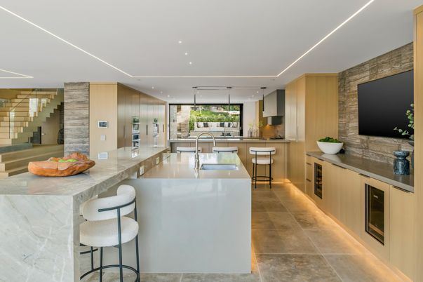 Interior, Kitchen, Pendant Lights, Recessed Lighting, Stainless Steel Appliances, Stone Walls
