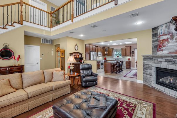 Fireplace, Interior, Kitchen, Living room, Recessed Lighting, Wood Texture Flooring