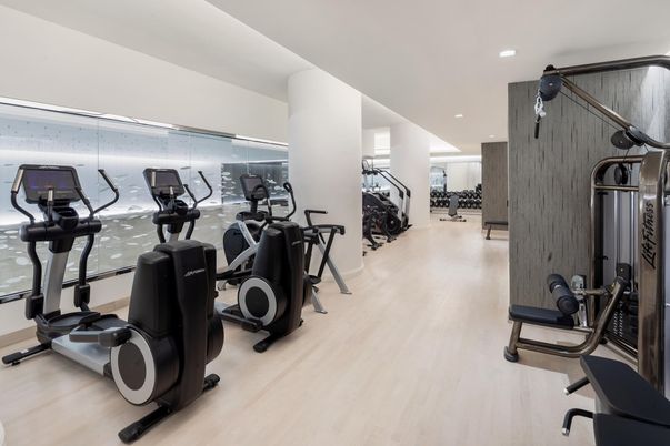 Fitness Equipment, Gym, Interior, Recessed Lighting, Wood Texture Flooring