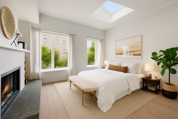 Bedroom, Fireplace, Interior, Wood Texture Flooring