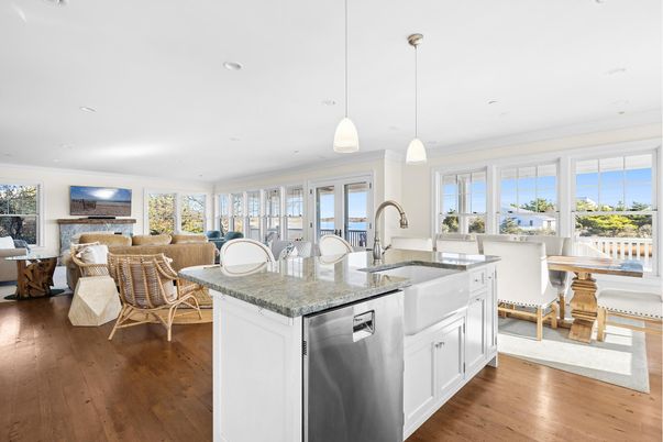 Dining room, Fireplace, Interior, Kitchen, Living room, Pendant Lights, Recessed Lighting, Wood Texture Flooring