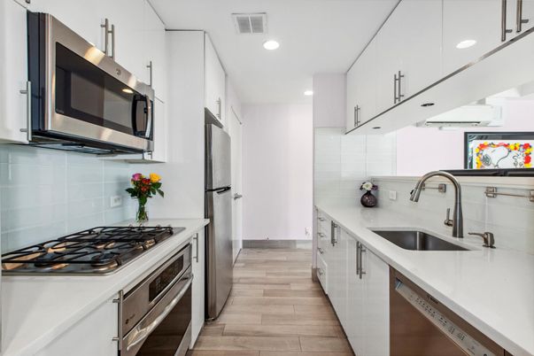 Interior, Kitchen, Recessed Lighting, Stainless Steel Appliances, Wood Texture Flooring