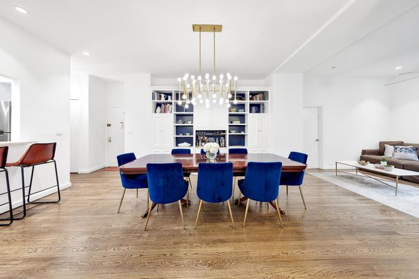Dining room, Interior, Living room, Pendant Lights, Recessed Lighting, Wood Texture Flooring