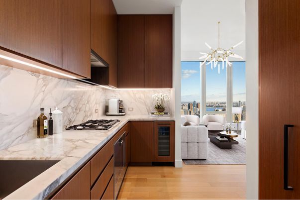 Interior, Kitchen, Living room, Marble Walls, Stainless Steel Appliances, Wood Texture Flooring