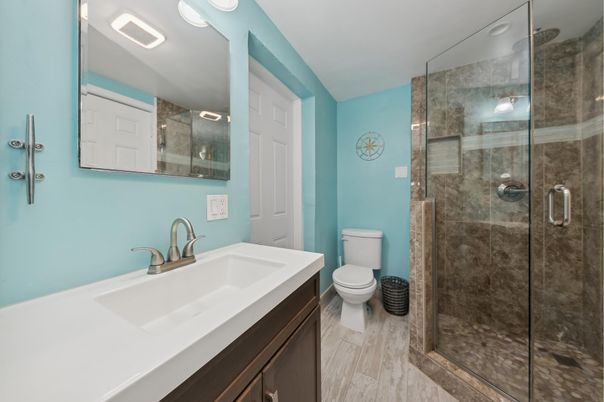 Bathroom, Glass Shower, Interior, Wood Texture Flooring