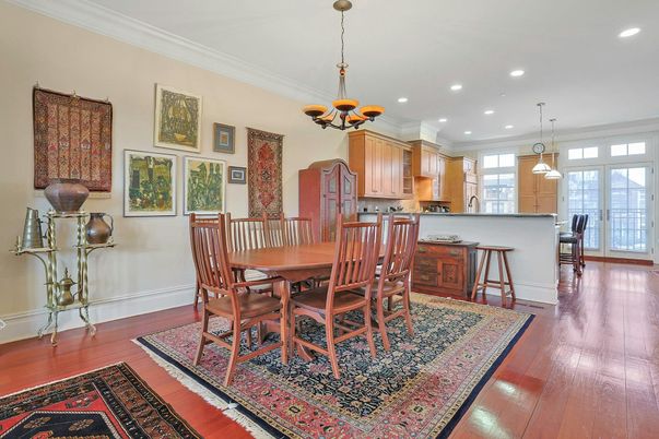 Chandelier, Dining room, Interior, Kitchen, Pendant Lights, Recessed Lighting, Wood Texture Flooring