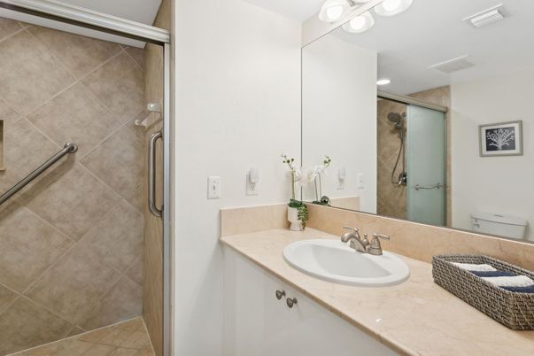 Bathroom, Glass Shower, Interior, Recessed Lighting, Tile Countertops