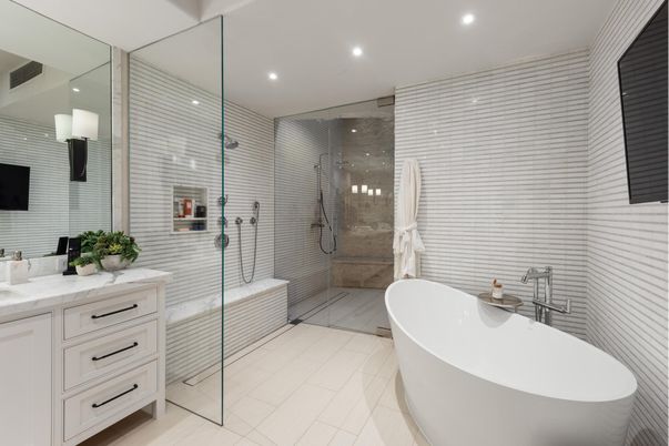 Bathroom, Dual Sink Vanities, Free Standing Baths, Glass Shower, Interior, Recessed Lighting