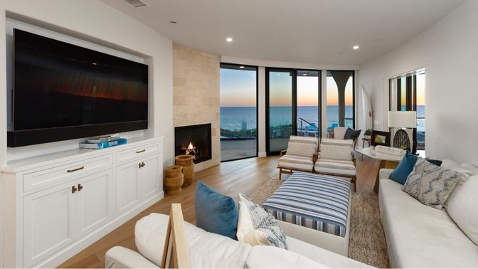 Fireplace, Interior, Living room, Recessed Lighting, Water, Wood Texture Flooring