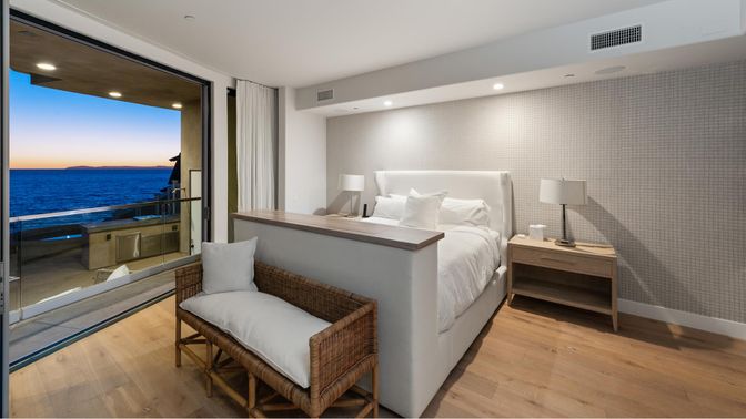 Bedroom, Interior, Recessed Lighting, Water, Wood Texture Flooring