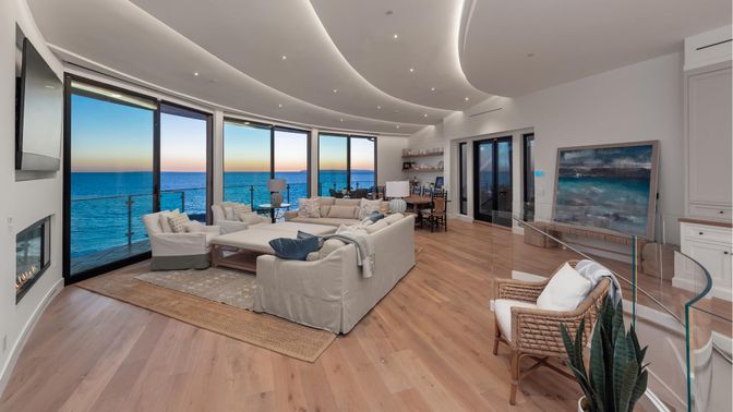 Fireplace, Interior, Living room, Recessed Lighting, Water, Wood Texture Flooring