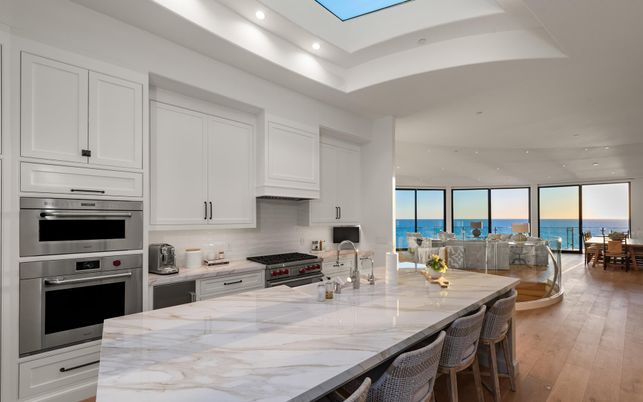 Dining room, Interior, Kitchen, Recessed Lighting, Stainless Steel Appliances, Water, Wood Texture Flooring