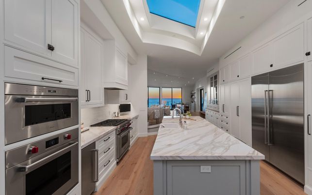 Interior, Kitchen, Recessed Lighting, Stainless Steel Appliances, Water, Wood Texture Flooring
