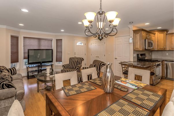 Chandelier, Dining room, Interior, Kitchen, Living room, Recessed Lighting, Stainless Steel Appliances, Wood Texture Flooring