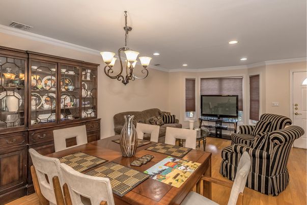 Chandelier, Dining room, Interior, Living room, Recessed Lighting, Wood Texture Flooring