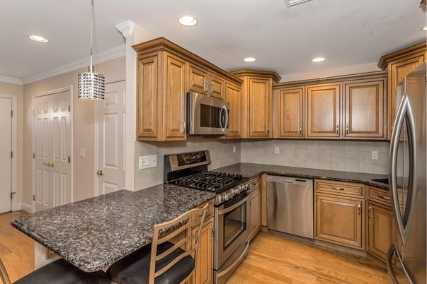 Interior, Kitchen, Pendant Lights, Recessed Lighting, Stainless Steel Appliances, Wood Texture Flooring