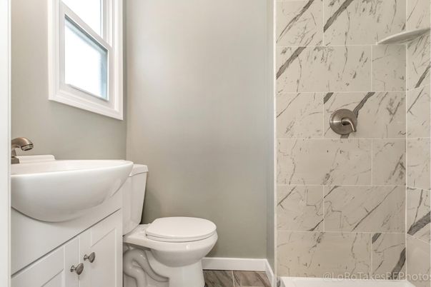 Bathroom, Interior, Marble Walls, Wood Texture Flooring