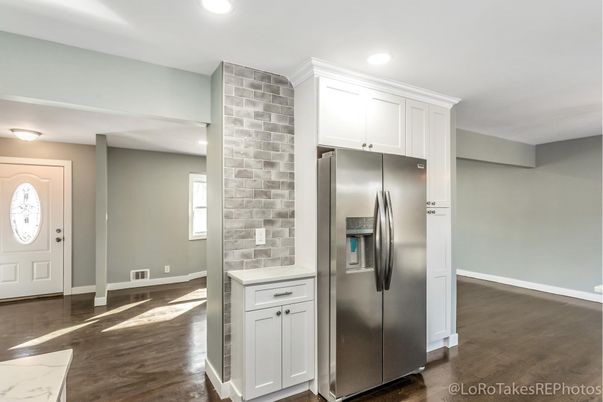 Interior, Kitchen, Recessed Lighting, Stainless Steel Appliances, Stone Walls, Wood Texture Flooring