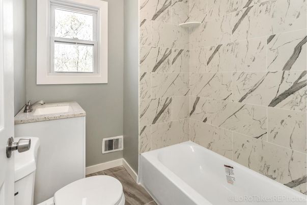 Bathroom, Interior, Marble Walls, Wood Texture Flooring