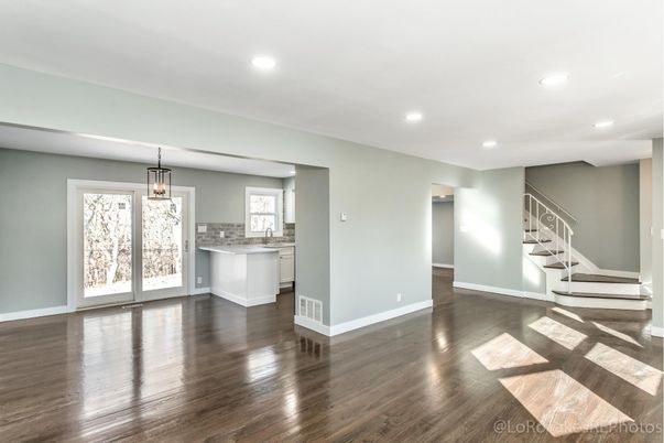 Empty room, Interior, Kitchen, Pendant Lights, Recessed Lighting, Wood Texture Flooring