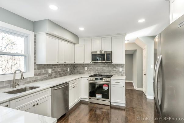 Interior, Kitchen, Recessed Lighting, Stainless Steel Appliances, Wood Texture Flooring