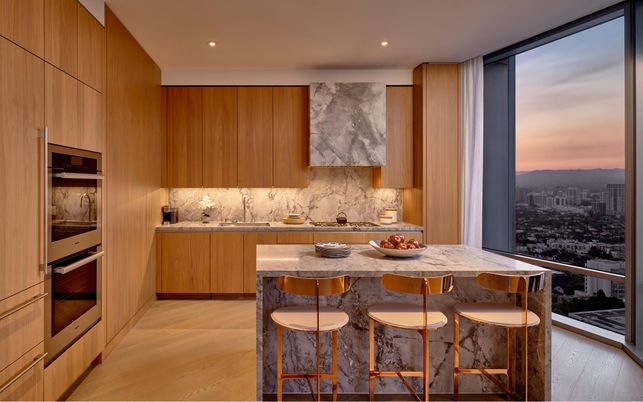 Interior, Kitchen, Marble Walls, Recessed Lighting, Wood Texture Flooring