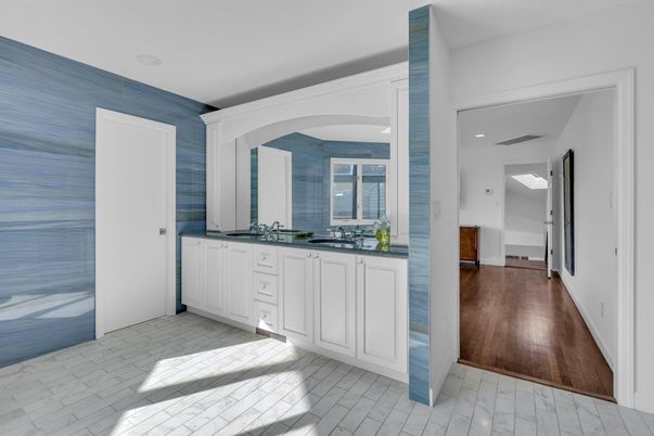 Bathroom, Dual Sink Vanities, Interior, Recessed Lighting, Wood Texture Flooring