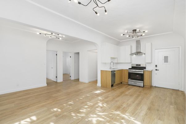 Interior, Kitchen, Pendant Lights, Stainless Steel Appliances, Wood Texture Flooring