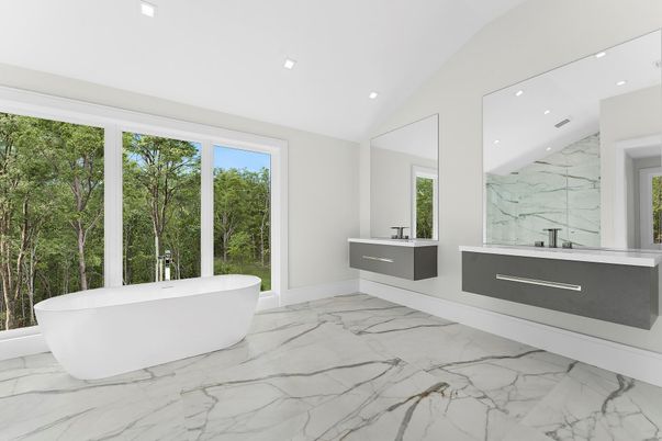 Bathroom, Dual Sink Vanities, Free Standing Baths, Interior, Marble, Marble Walls, Recessed Lighting