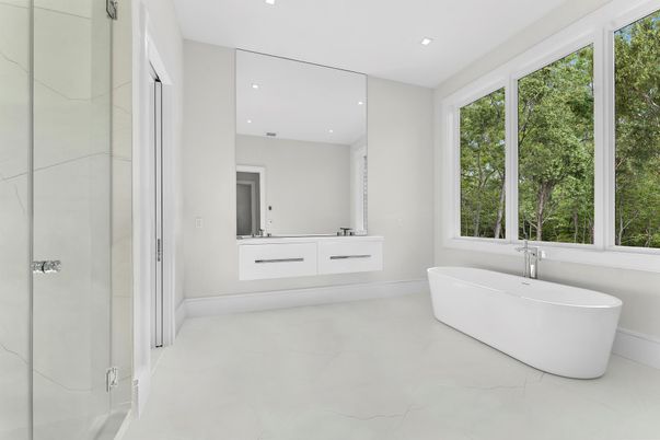 Bathroom, Dual Sink Vanities, Free Standing Baths, Interior, Marble, Recessed Lighting