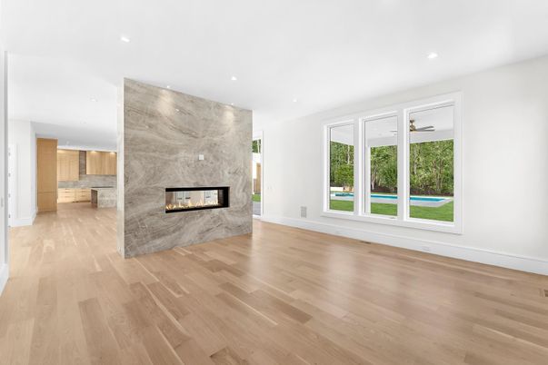Empty room, Fireplace, Interior, Kitchen, Recessed Lighting, Wood Texture Flooring