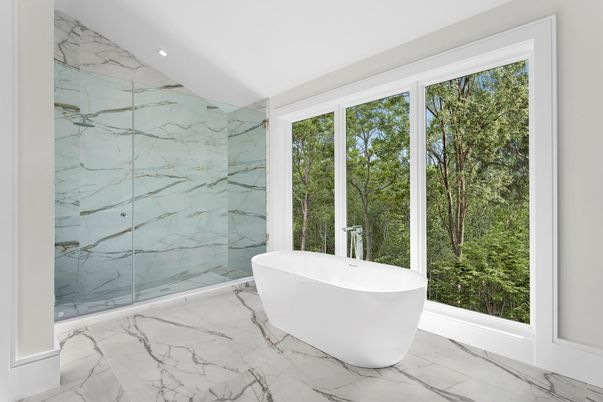 Bathroom, Free Standing Baths, Glass Shower, Interior, Marble, Marble Walls, Recessed Lighting