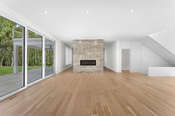 Empty room, Fireplace, Interior, Recessed Lighting, Wood Texture Flooring