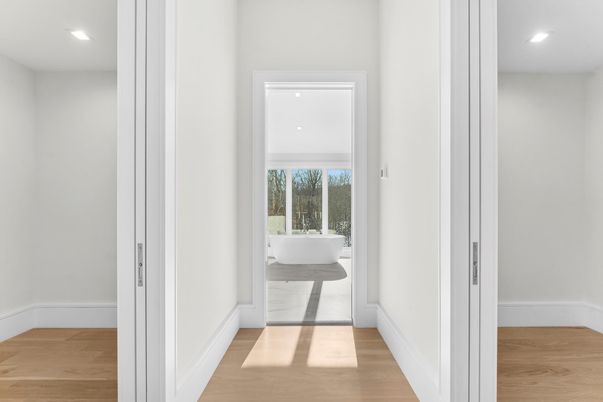 Bathroom, Free Standing Baths, Interior, Recessed Lighting, Wood Texture Flooring
