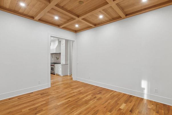 Empty room, Interior, Kitchen, Recessed Lighting, Wooden Beams, Wooden Ceilings, Wood Texture Flooring