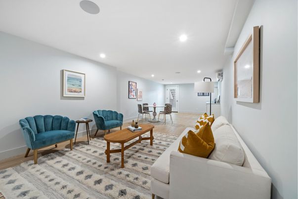 Dining room, Interior, Living room, Recessed Lighting, Wood Texture Flooring