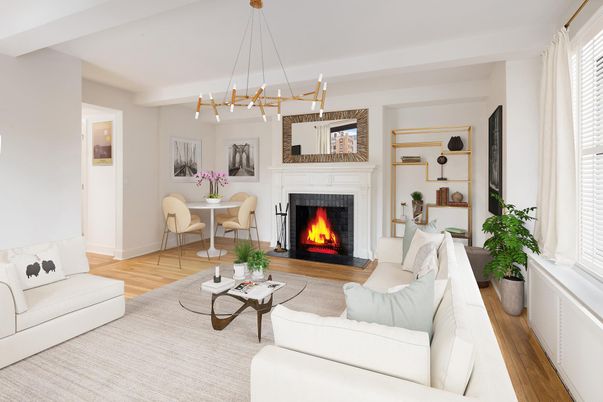 Fireplace, Interior, Living room, Pendant Lights, Wood Texture Flooring