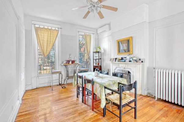 Dining room, Fireplace, Interior, Wood Texture Flooring