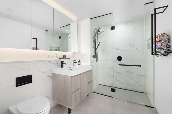 Bathroom, Glass Shower, Interior, Marble Walls, Recessed Lighting