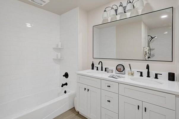 Bathroom, Dual Sink Vanities, Interior, Recessed Lighting, Wood Texture Flooring
