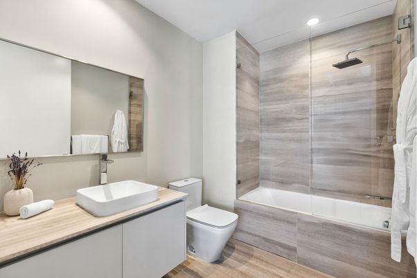 Bathroom, Glass Shower, Interior, Recessed Lighting, Wood Texture Flooring