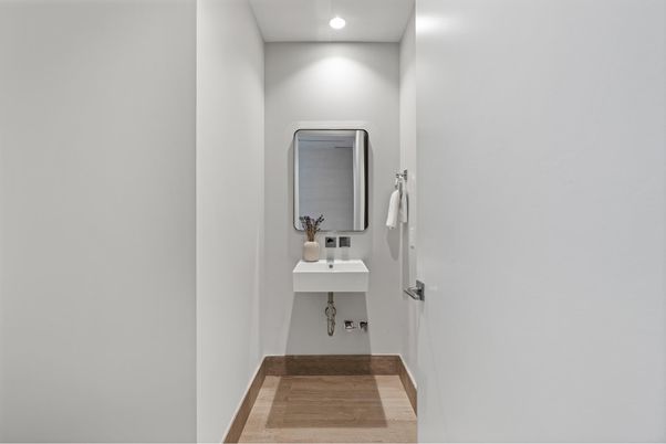 Bathroom, Interior, Recessed Lighting, Wood Texture Flooring