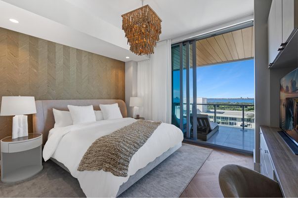 Bedroom, Chandelier, Interior, Recessed Lighting, Wood Texture Flooring