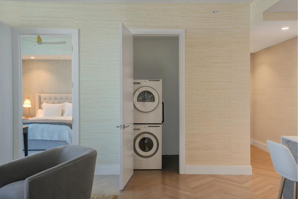 Bedroom, Interior, Recessed Lighting, Utility Closets, Washer, Wood Texture Flooring
